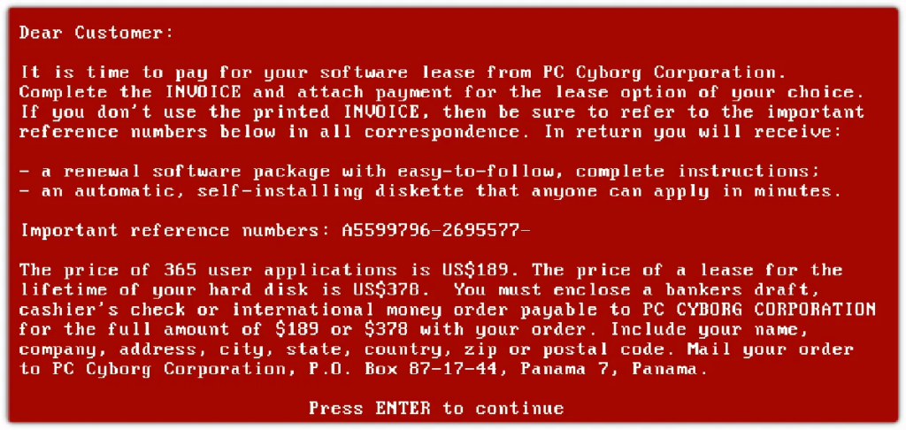 aid ransomware / pc trojan warning message - first instance of ransomware