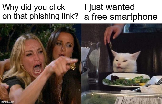 Social engineering meme:
"why did you click on that phishing link?"
"I just wanted a free smartphone"
