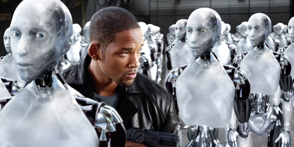 Will Smith plays the hero in I, Robot (2004) a science fiction action film about AI robots that take over the world.