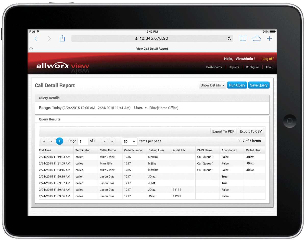 Allworx call details report