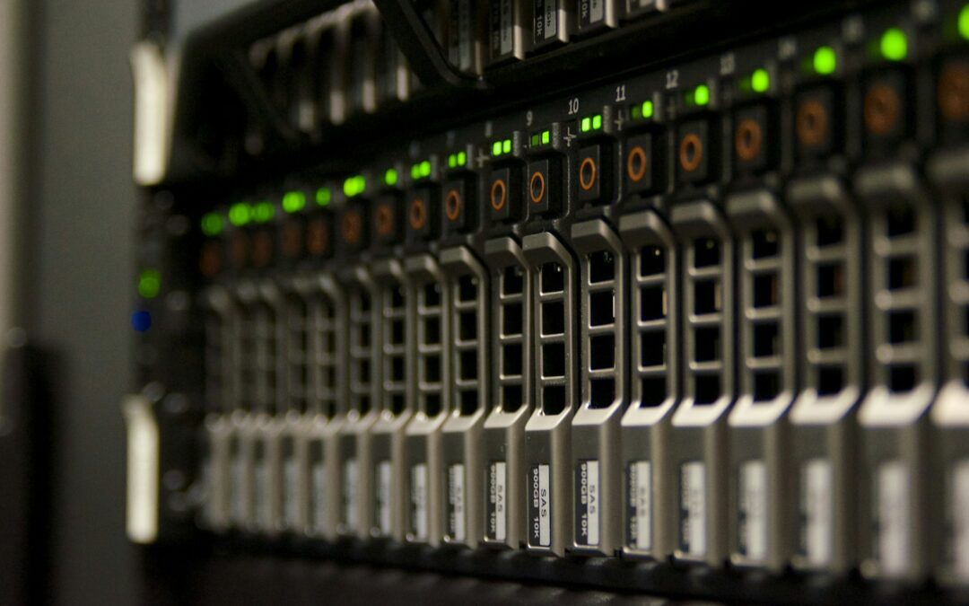 Server rack with drive bays and green status lights