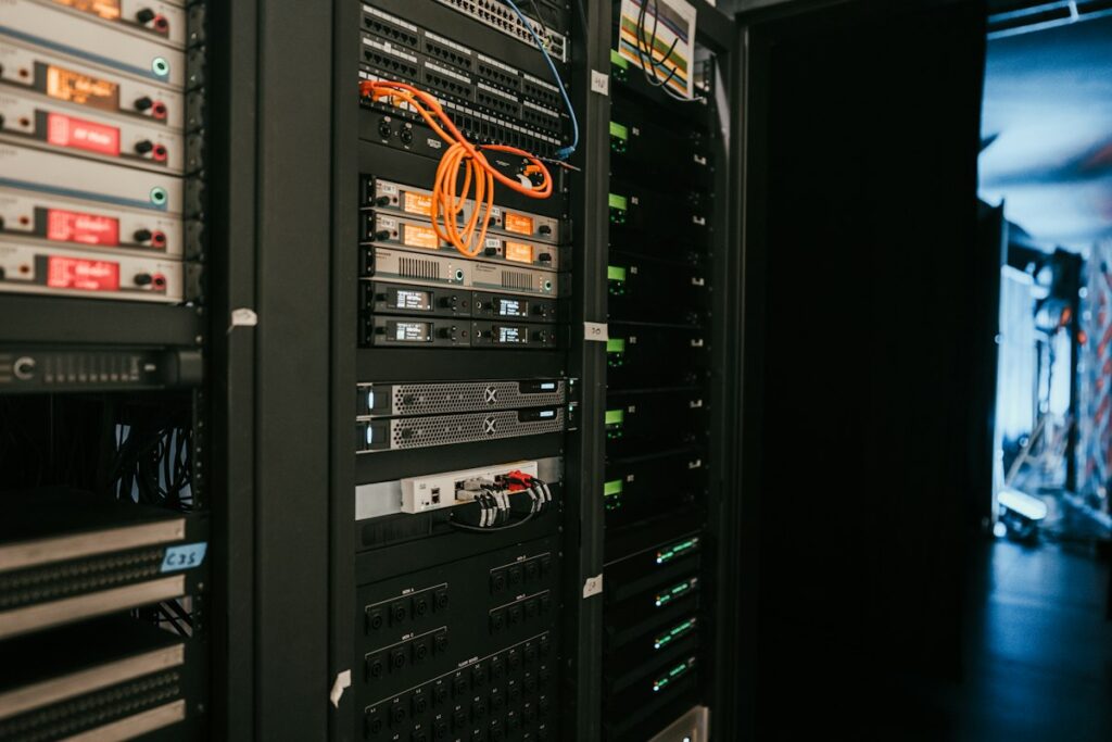 Server rack with network equipment and patch cables